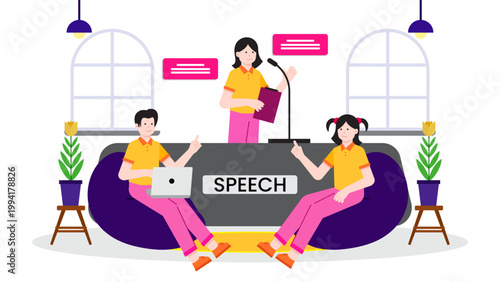 A confident female business leader delivering a keynote speech at a corporate conference or seminar