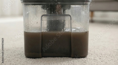 Dirty water in transparent tank after vacuum cleaning carpet, closeup, home hygiene, cleaning process, maintenance, removal, cleanliness.
