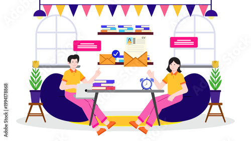 Business professional conducting a media interview with a CEO in a modern office setting featuring flat design elements and bean bags