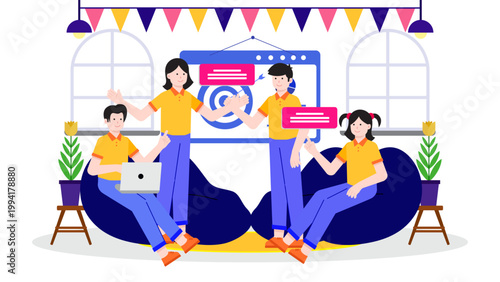 Group of employees celebrating goals and milestones during a corporate annual meeting with high fives and charts