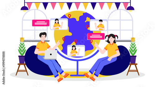 Team of professionals conducting a global online conference with a large world map background and video call windows