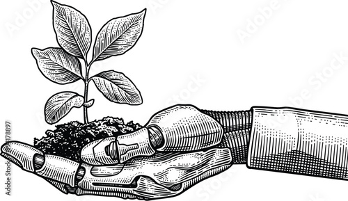 Robot hand holding small plant growing from soil.