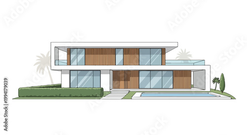 Modern Two-Story Luxury Villa Vector Illustration with Swimming Pool and Contemporary Architecture Design