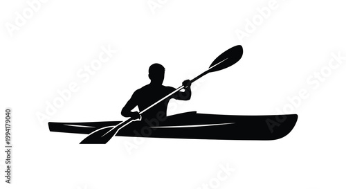 A lone kayaker paddles across calm waters powerfully propelling forward in a striking black silhouette high quality professional detailed