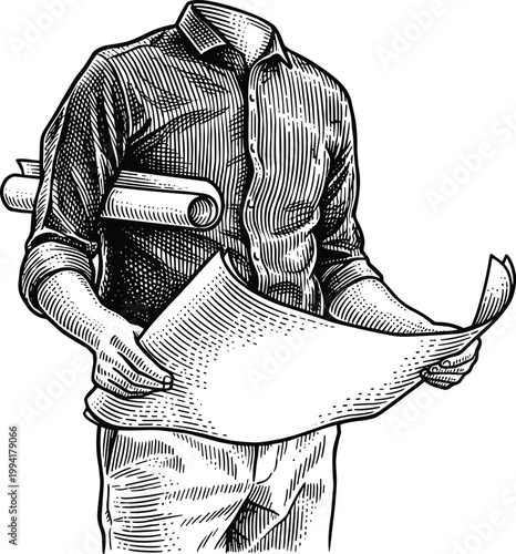 Architect holding blueprints woodcut style drawing, planning design work.