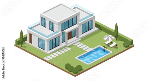 Modern Isometric Luxury House with Swimming Pool and Garden Landscape Design Vector Illustration