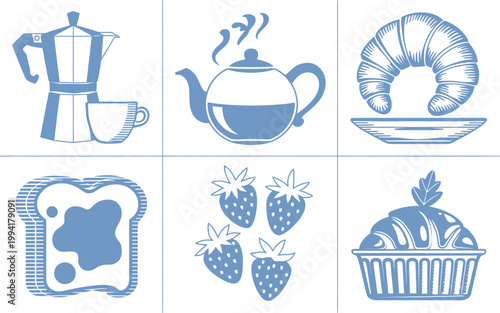 Six Blue Coffee, Tea, Croissant, Toast, Strawberries, and Pastry