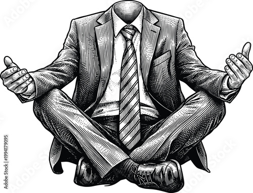 Businessman meditating zen pose, calm and mindful professional woodcut.