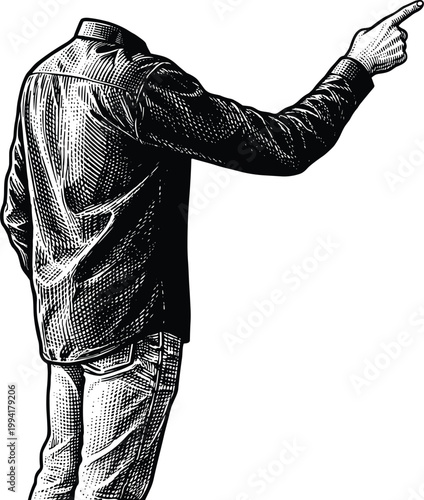 Invisble man in casual shirt pointing finger forward direction gesture style.