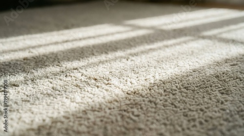 Clean beige carpet in sunlight, soft texture, shadows, bright home interior, morning, cozy, peaceful, flooring, lifestyle.