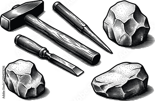 Sculptor tools and stone rocks set featuring hammer chisel and punch tool.