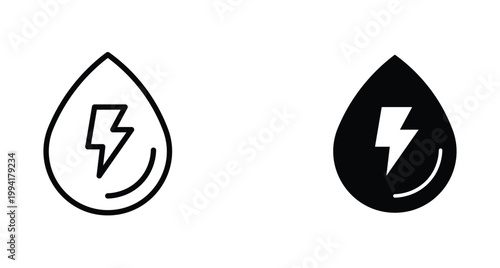 Minimalist water energy icons, black line and solid drop symbols with lightning bolt, hydroelectric power and renewable resource vector set