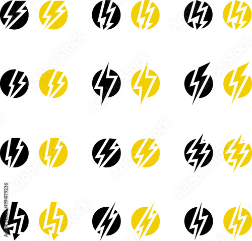 Lightning bolt icon set. Thunderbolt symbol. Flash light sign. Electric power vector energy logo. Lightning symbol. Energy and thunder electricity symbol. Power or fast speed icon.