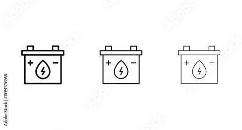 Minimalist car battery icon set, automotive accumulator vector line art, electric power storage symbols with lightning bolt and water drop