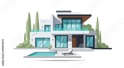 Modern Luxury House Exterior with Swimming Pool and Contemporary Architecture Vector Illustration