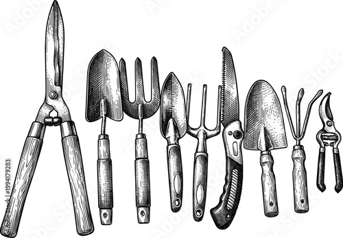 Garden tools set including trowel fork saw and pruner in vintage art.