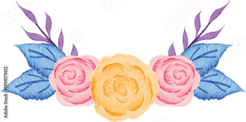 Elegant watercolor floral border with soft pink and sunny yellow roses, accented by delicate blue leaves and graceful purple branches, ideal for invitations and decor