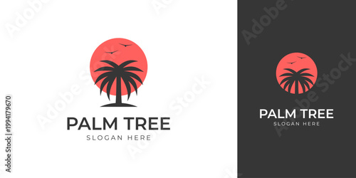 Minimalist Silhouette Palm Tree Sunset Tropical Island Vacation Logo Design