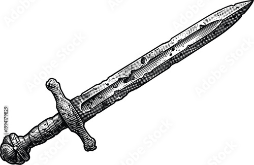 Old sword antique weapon metal illustration engraving style vintage.