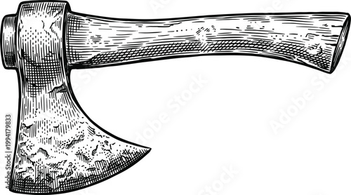 Old axe antique tool wood handle illustration engraving style vintage.