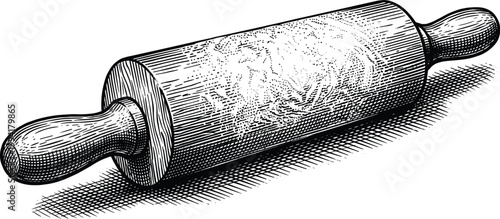Wooden rolling pin kitchen utensil illustration engraving style vintage.