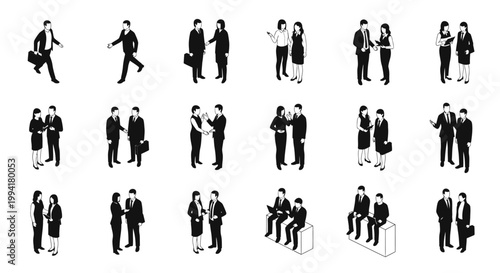 isometric business people in meetings and discussions black and white vector icons