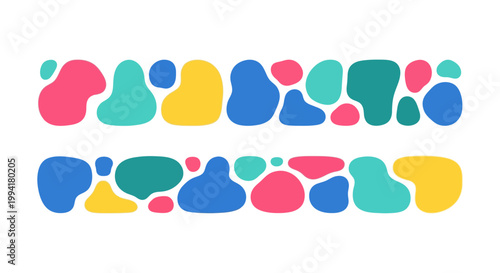 abstract shapes of colorful organic blobs floating in two decorative rows on a white background ideal for modern graphic design.