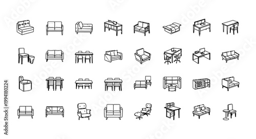 architectural line art furniture icons and office symbols illustrating interior design floor plans and business layouts.