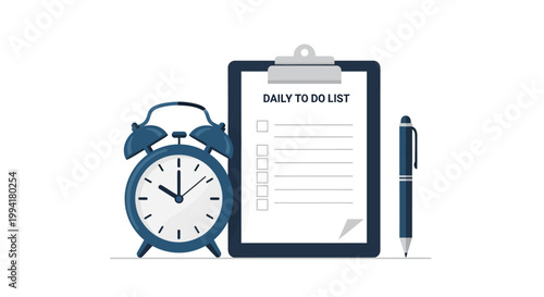 Time Management and Productivity Concept with Daily To-Do List Clipboard and Alarm Clock Vector Illustration