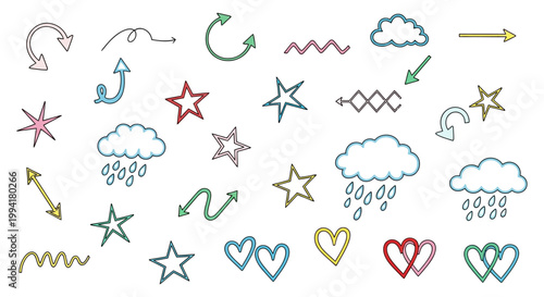 handdrawn doodles collection of vector icons set with various symbols perfect for cute design elements and playful illustrations.