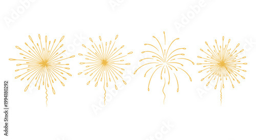 hand-drawn golden firework bursts sparkling on a white background perfect for festive celebration or new years eve decorative design.