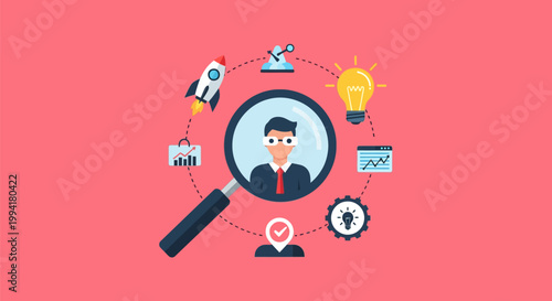 Human Resources and Talent Acquisition Concept Illustration with Business Icons on Pink Background