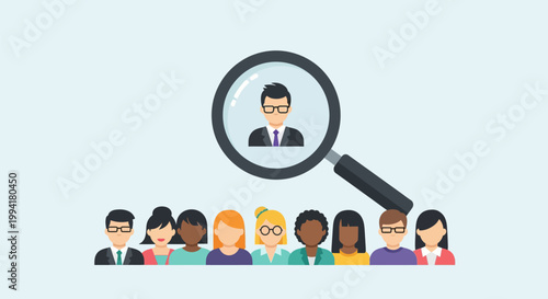 Recruitment and Talent Acquisition Illustration - Magnifying Glass Selecting the Perfect Candidate from a Diverse Pool of Professionals