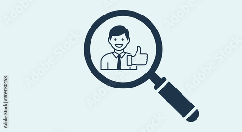 Recruitment Icon with Magnifying Glass and Thumbs Up Businessman - Talent Acquisition, Job Search, and Human Resources Concept