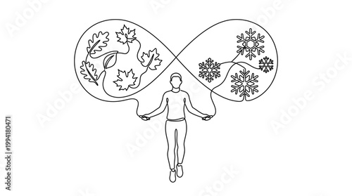 Continuous Line Drawing of Person Jumping Rope Figure Eight Seasons Minimalist Vector Art