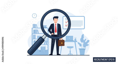 Recruitment and Hiring Concept Illustration: Businessman Under Magnifying Glass in Office Setting for HR Candidate Screening