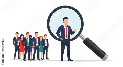 Recruitment and Talent Search Concept Illustration with Magnifying Glass Focusing on the Right Candidate for Hiring, Headhunting, and Career Growth