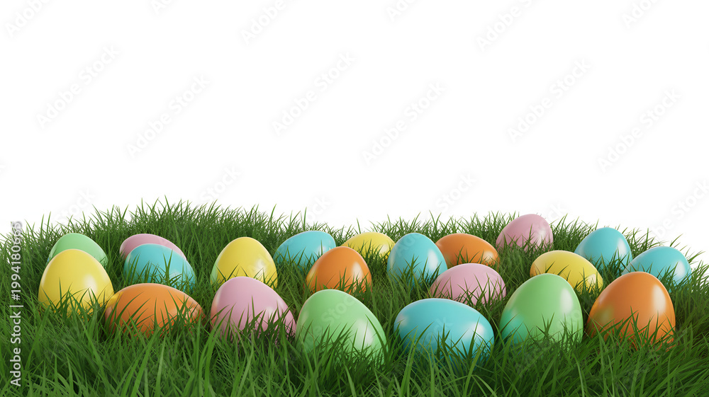 Fototapeta premium Vibrant easter basket filled with colorful painted eggs and flowers on grass colorful eggs pastel colors