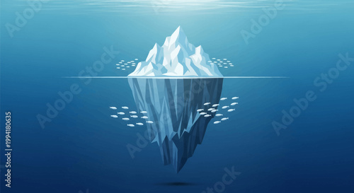 Minimalist Iceberg Illustration Above and Below Water with Fish - Concept of Hidden Depth, Risks, and Success - Low Poly Vector Design