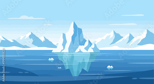 Flat Vector Illustration of an Iceberg Floating in the Arctic Ocean with Underwater Part and Snowy Mountains