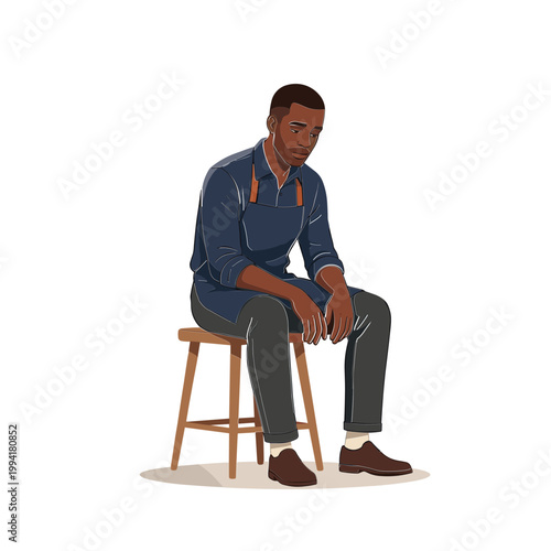 A man sits on a stool with his head down looking sad and dejected.
