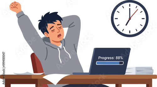 Man stretches at desk with laptop clock on wall