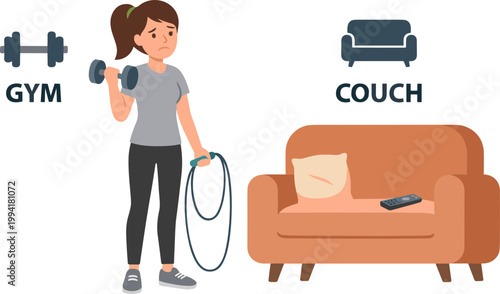 Woman exercises with dumbbell and jump rope next to couch indoors