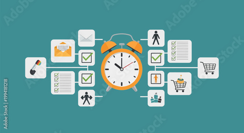 Time Management and Daily Routine Concept Illustration with Alarm Clock and Task Icons