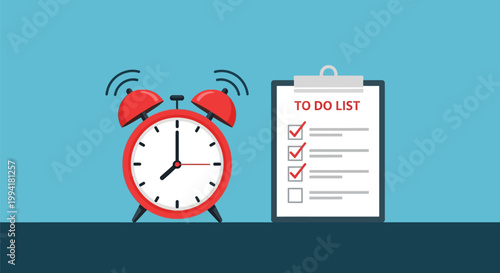 Time Management and Productivity Concept with Red Alarm Clock and To-Do List Clipboard Illustration