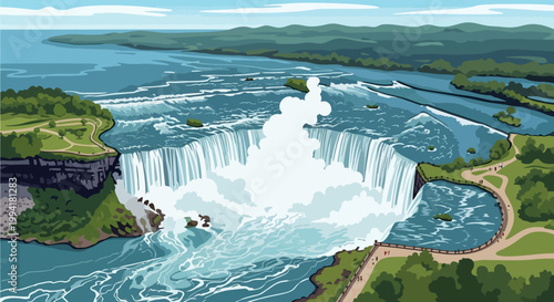 Aerial Vector Illustration of Niagara Horseshoe Falls - Iconic Travel Landmark Scenic View