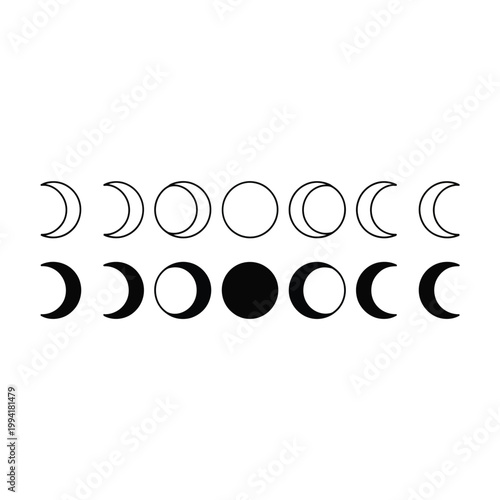 Moon phase icon set with different lunar cycle illustrations