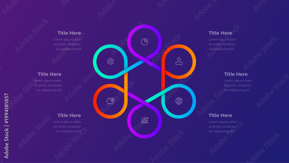 Photography Six step connected loop diagram on dark purple background