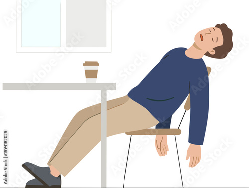 Man reclines on chair at table with coffee cup indoors