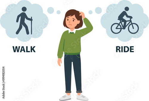 A woman decides whether to walk or ride a bicycle